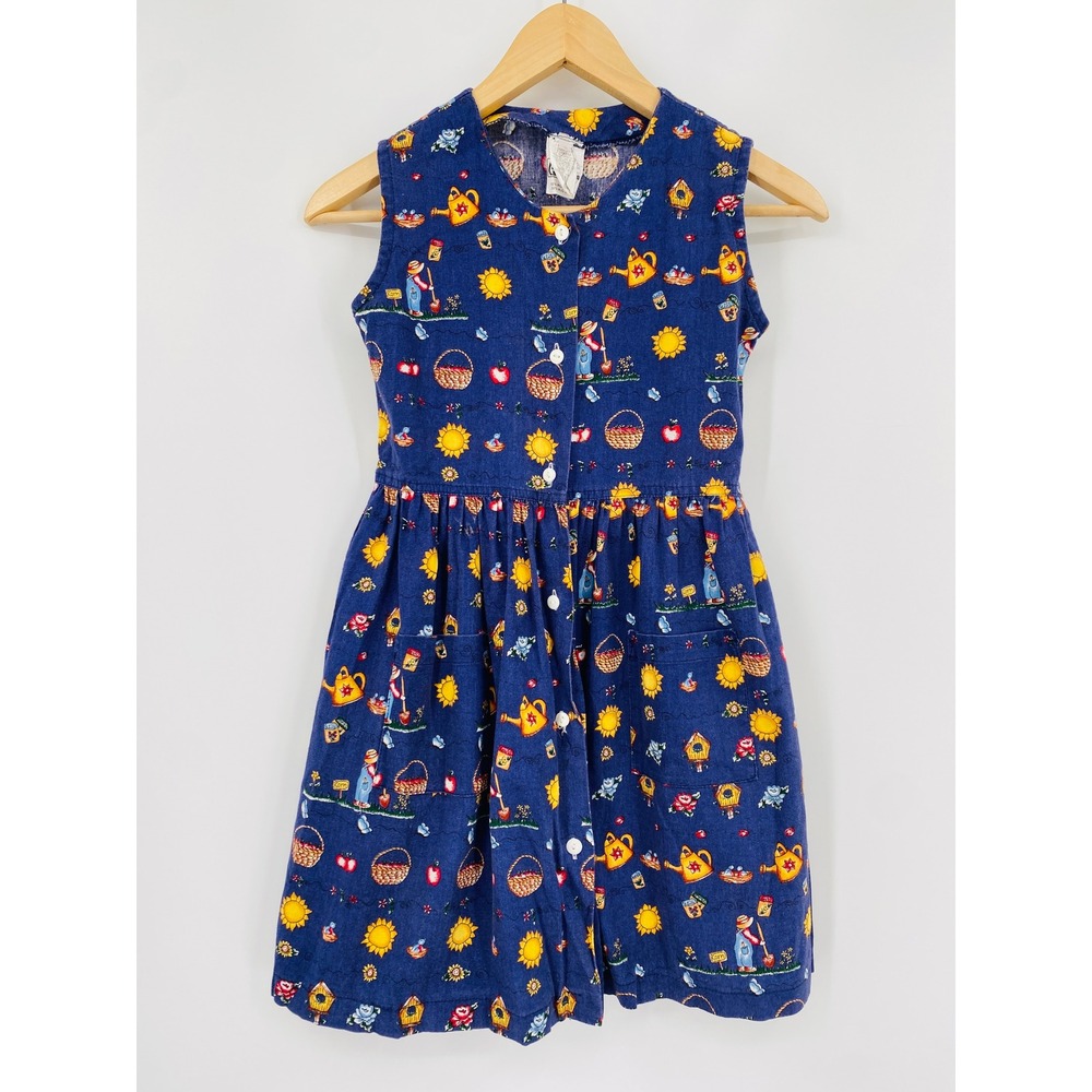 Vintage Gardening Print Dress Kids Size 8 blue Sleeveless Button Front Pockets